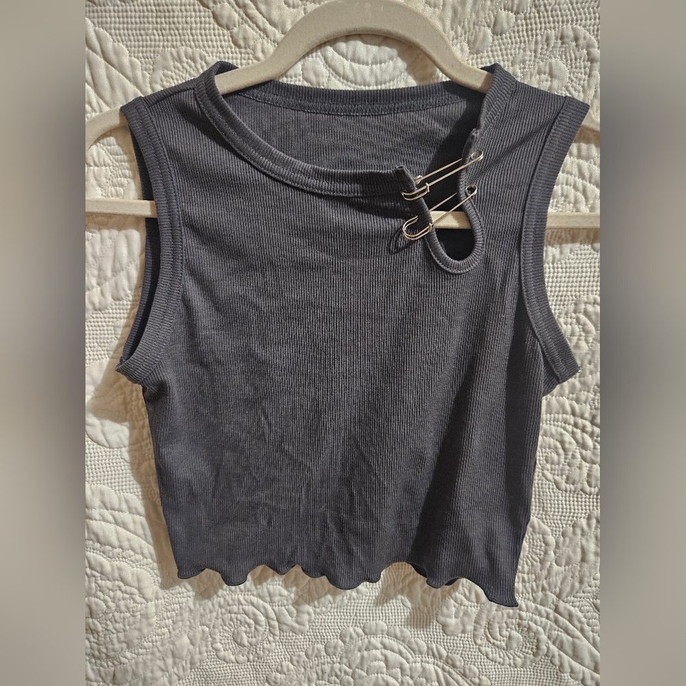 Gray Ribbed Crop Top with Safety Pin Detail